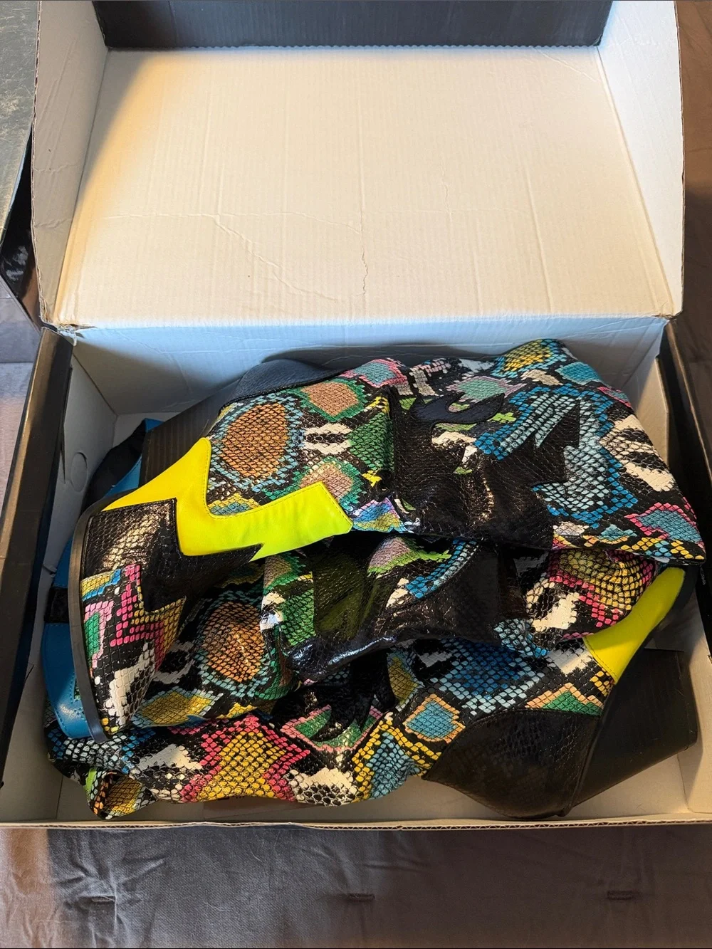 Over-the-Knee Snake-Print Boots with Neon Accents